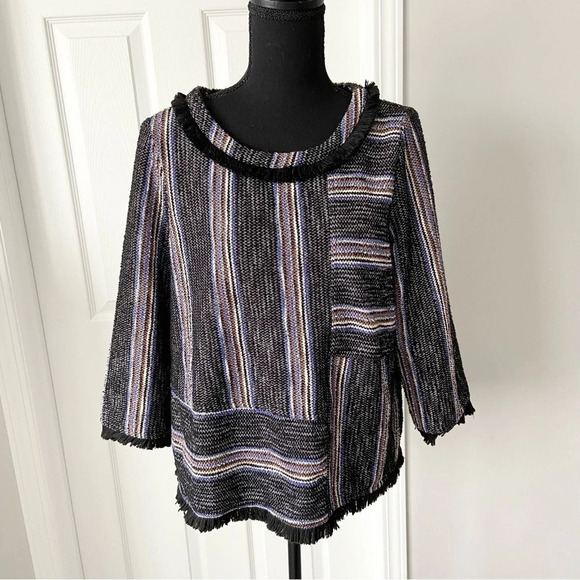 Anthropologie Current  Air Black Tweed Stripe Fringe Top - Picture 1 of 16